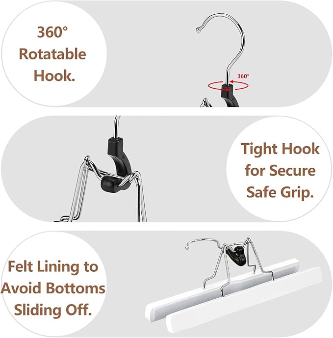 AMKUFO 12 Pack White Wooden Pants Hangers with Clips Non Slip Skirt Hangers Trouser Clamp Hanger Solid Wood Hanger with 360° Swivel Hook