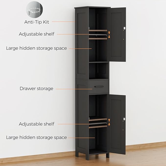 Homhedy 67" H Tall Bathroom Storage Cabinet with 2 Barn Doors and 1 Drawer, Narrow Storage Unit, Adjustable Shelves, Floor Cabinet for Bathroom, Living Room, Entryway, Kitchen, Black, (11.8" W)