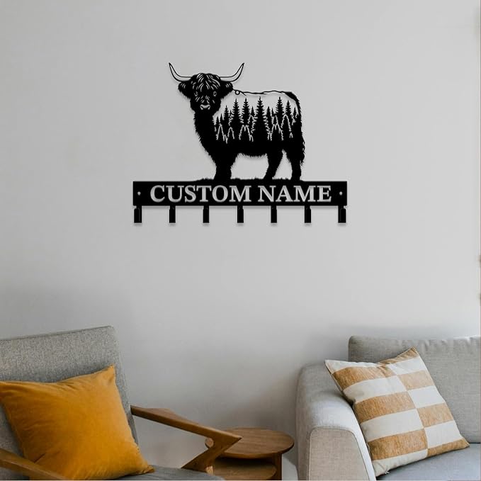 Personalized Highland Cow Metal Keys Hooks,Custom Name Metal Highland Cow Keys Hooks,Black Metal Highland Cow Wall Home Storage Decorative Keys Hooks,Key Holder Hooks for Wall (Style H)