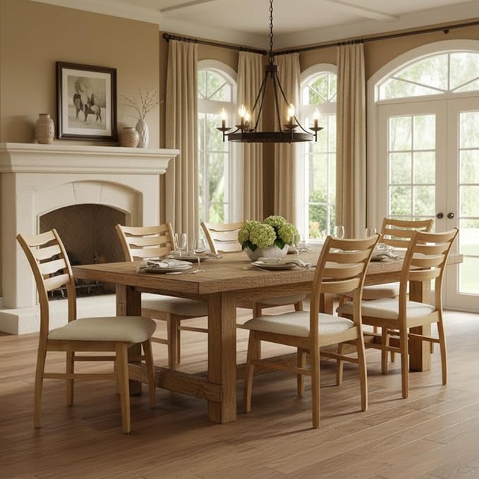 DUOMAY Farmhouse Dining Chairs Set of 6, Fur White Upholstered Side Chairs Solid Wood Ladder Back Kitchen Chairs for Home Dining Room, Light Browm Frame