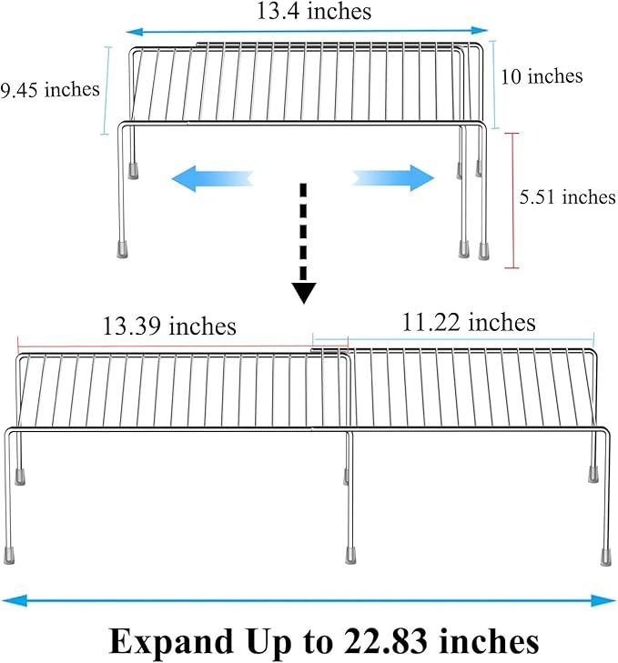 Kitchen Cabinet Expandable Shelf Organizers Set of 4, Adjustable Metal Wire Pantry Storage Shelves, Plate Dish Organizer Rack for Cabinets, Cupboard, Counter, Freezer, Countertop, Chrome