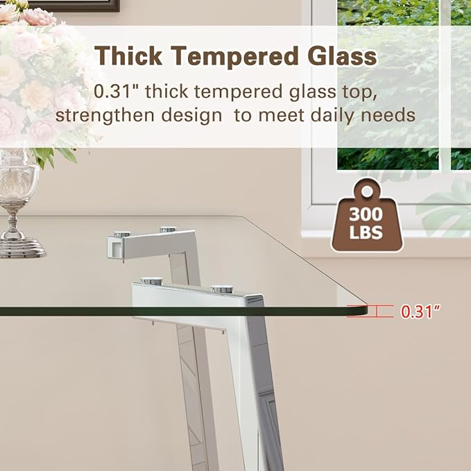 51“ Small Glass Dining Table Set for 4,0.31”Thick Tempered Glass Table Top with 4 Chrome Plate Metal Legs,4 PU Leather Dining Chairs,Modern Kitchen Dinner Room Table Set,for Kitchen Room