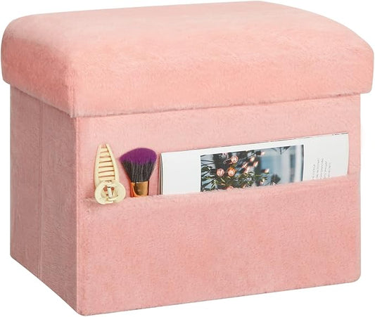 Storage Ottoman, Folding Ottoman Foot Rest Stool with Thicker Furry Padded Seat. Soft Fur Small Ottoman Bench with Storage for Bedroom Living Room, Holds Up to 300 lbs, 17x13x13IN (Pink)