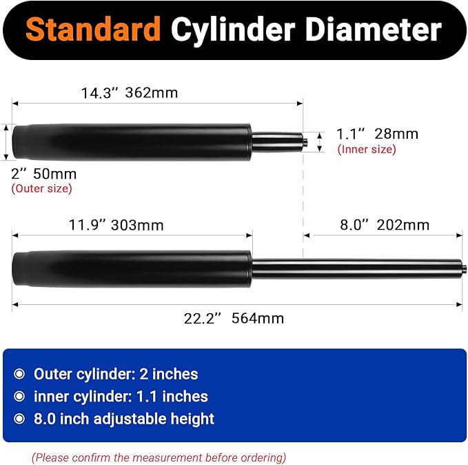 8" Office Chair Cylinder Replacement - Heavy Duty 1000lbs Class 4 Hydraulic Lift with Silent 360° Rotation, Universal Pneumatic Piston Fit for Sinking Barstool/Desk/Gaming Chairs