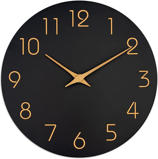Mosewa 12 Inch Black Wall Clock Battery Operated Silent Non Ticking Modern Simple Minimalist Decorative for Kitchen Bedroom Home Office Bathroom Living Room