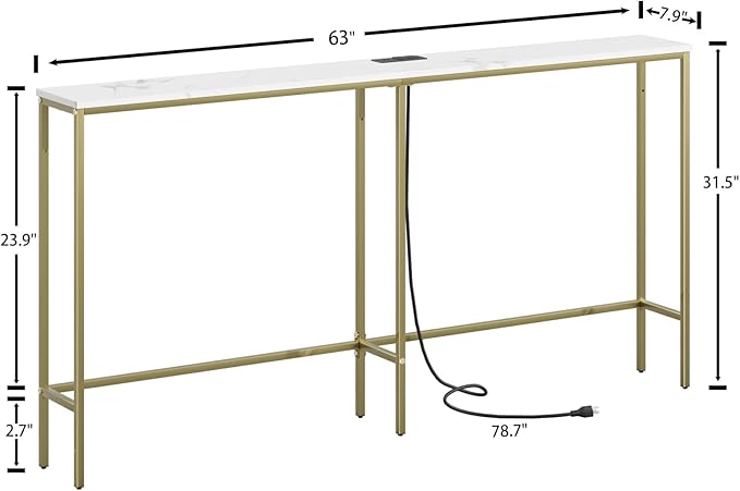 63 Inch Console Table with Power Outlet,Modern Narrow Long Sofa Table Behind Couch,Skinny Entry Table with Gold Metal Frame for Entryway,Living Room, Hallway,Marble White