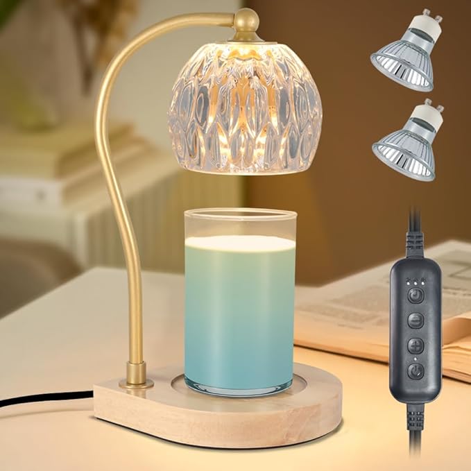 Candle Warmer Lamp with Timer-Electric Candle Warmer Lamp for Jar Candles with 2Bulbs Candle Warmer with Timer & Dimmer for Home Decor Gifts for Women Mom Christmas (Gold-Amber)