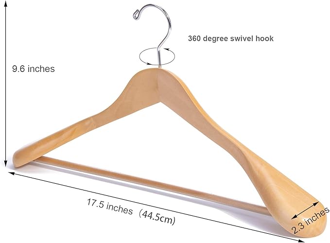 Nature Smile Luxury Natural Wooden Suit Hangers - 6 Pack - Wood Coat Hangers,Jacket Outerwear Shirt Hangers,Glossy Finish with Extra-Wide Shoulder, 360 Degree Swivel Hooks & Anti-Slip Bar with Screw