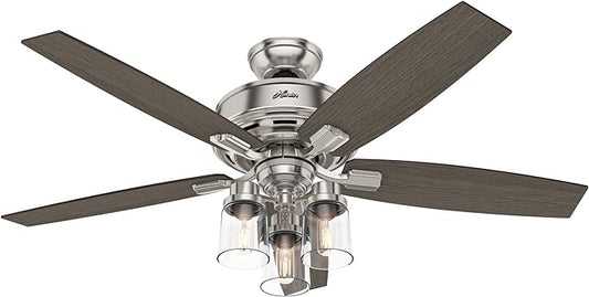 Hunter 52 inch Indoor Ceiling Fan with LED Lights and Remote Control - Standard Mount Ceiling Fan, 5 Blades, For Bedroom, Living Room, or Kitchen, Quiet - Bennett 54190, Brushed Nickel