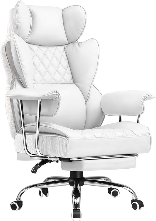 COMHOMA Big and Tall Gaming Chair with Pocket Spring Lumbar Support, Ergonomic Office Chair with Footrest, Executive Desk Chair with Outward Fixed Soft Armrests, Computer Chair with High Back, White