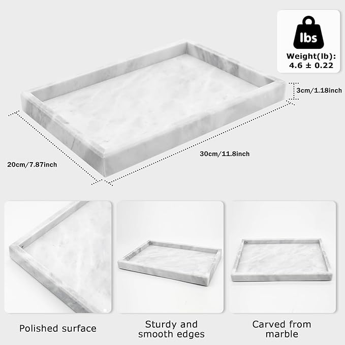Marble Bathroom Tray,Pure Natural Marble Vanity Tray,Marble Tray for Kitchen Counter Non-Ceramic/Non-Resin,Stone Tray 12 x 8 inch (White)