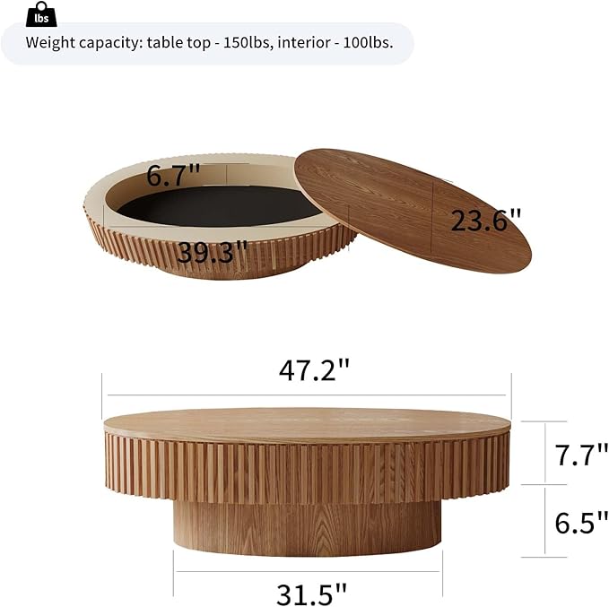 47.2" Oval Coffee Table with Storage, Fluted Coffee Table with Solid Wood Veneered, Mid Century Modern Wooden Center Table, Accent Tea Table for Living Room Apartment, Natural