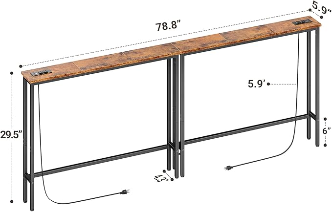 ELYKEN 2 Pack 5.9" Narrow Console Sofa Table with Power Outlets, Total 78.8” Long Behind Couch Table with Charge Station and 5.9’ Extension Cord for Living Room, 5.9"D x 78.8”W x 29.5”H, Rustic Brown