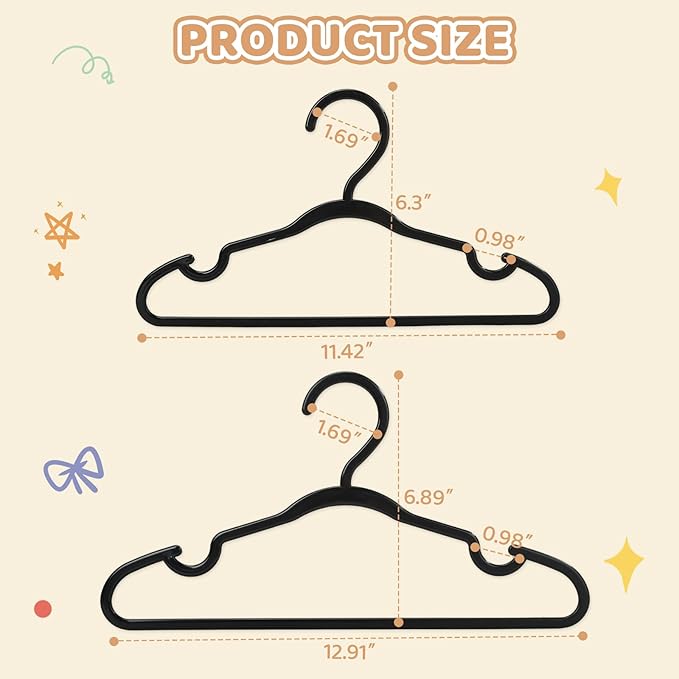 60 Pack Black Baby Hangers 11.42 Inch & 12.91 Inch Each 30 Pack - Kids Non-Slip Clothes Hangers for Infant & Child, Durable Plastic Children's Hangers for Closet, Pants, Coats, Skirts