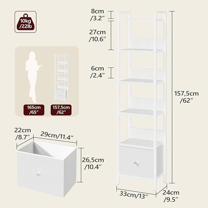Bookshelf, 6-Tier Bookcase with Drawer, Small Book Shelf for Small Space, Storage Shelf Organizer, for Living Room, Bedroom, Study, Kitchen, White BKWT66101
