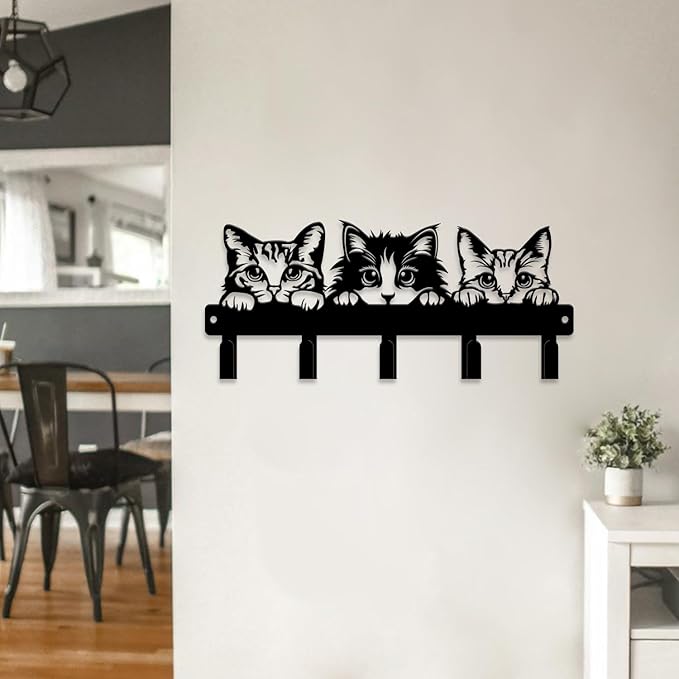 magilab Cat-Themed 10-Inch Iron Key Hooks with 5 Hooks, Black Wall Organizer - Cute Cat Design for Home Decor, No Drill & Screw-in Options (Style A)