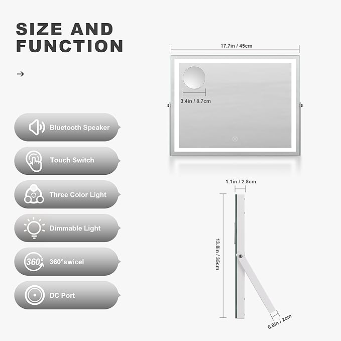 Hasipu Vanity Mirror with Lights and Bluetooth Speaker, 17.7" x 13.8" LED Makeup Mirror with 10X Magnification, Smart Touch 3 Colors Dimmable, Brightness Adjustment, 360° Rotation, White