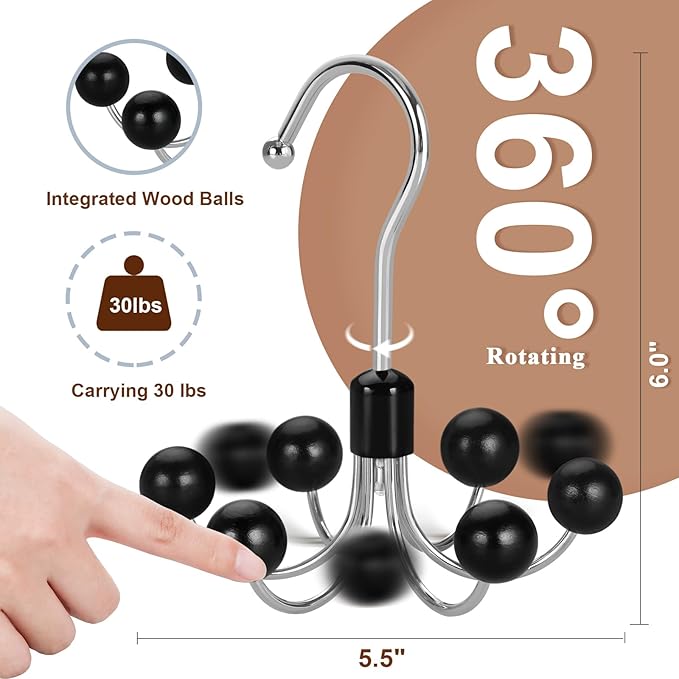 TOPIA HANGER Hoodie Hangers 4-Pack with 6 Wood Balls, 360°Swivel Purse Hanger, Scarf Hanger, Closet Hooks, Handbag Organizer, Bra Hanger, Accessory Organizers for Scarf, Tanktop, Hat, Hoodie CT57B