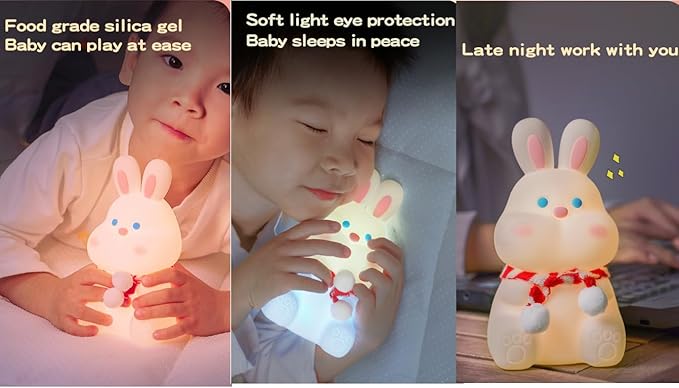 Rabbit Night Light for Adults Kids,LED Dimmable Animal Silicone Bunny Lamp Nightlight,Rechargeable BedsideTable Lamp withTouch Sensor 7 Colors,Gifts Decor for Kids Aduts,Bedrooms,Living Room