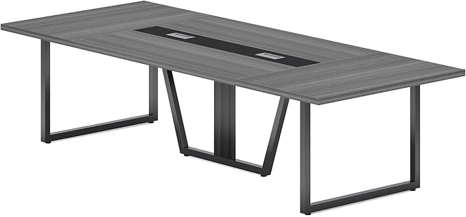LITTLE TREE 8FT Conference Table for 10 People, Large Meeting Table, Modern Wooden Conference Room Tables with Cable Management, Business Style Training Tables with Strong Metal Legs for Office, Grey
