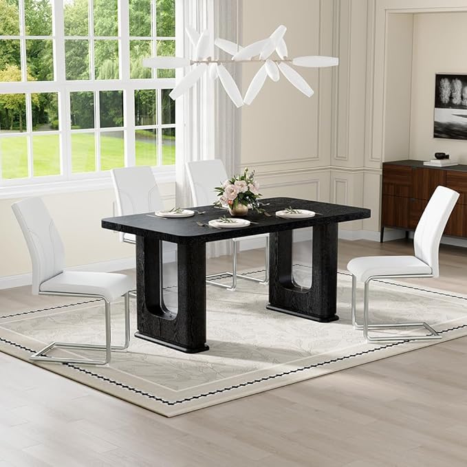 64.5" Black Dining Table Set for 4, Modern Kitchen Table and Chairs Set with PU Leather Cushioned Chairs & Decorative Pedestal Base, 5 Piece Wood Grain Dining Table Set for Dining Room or Kitchen