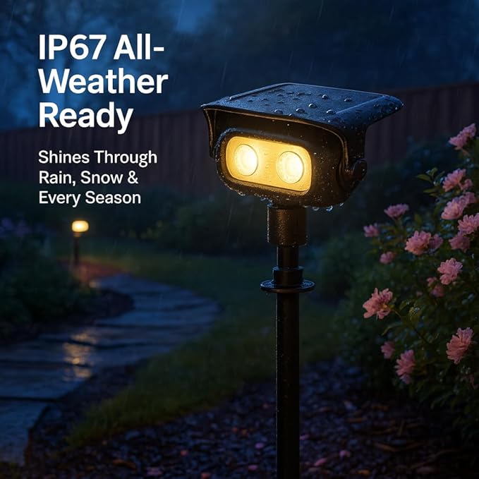 Solar Spotlight Outdoor, Warm White Stake Landscape Light with Dual Brightness, Fast-Charge HPBC Solar Panel, LiFePO4 Battery, IP67 Waterproof 2-in-1 Yard, Garden, Pathway Light