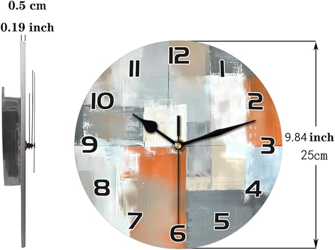 Abstract Orange Grey White Beige Art Wall Clock Battery Operated 10 in Round Wall Clocks Slilent Non Ticking Quartz Analog Clock for Bedroom Kids Living Room Classroom Decor