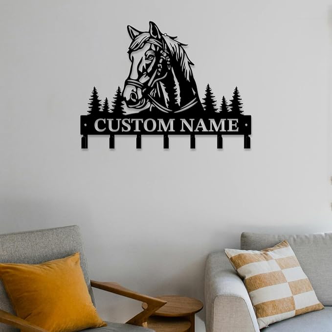 Personalized Custom Name Farm Horse Wall Key Hooks,Metal Horse Art Clothes Hooks,Metal Horse Wall Home Storage Decorative,For Front Door, Hallway, Kitchen, Bedroom,Keys,Hats (Style L)