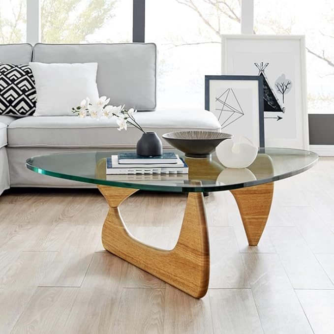 Mid Century Coffee Table Triangle Glass Coffee Table with Solid Wood Base and Thick Clear Glass Top Modern End Table for Living Room, Patio, Office, Light Walnut