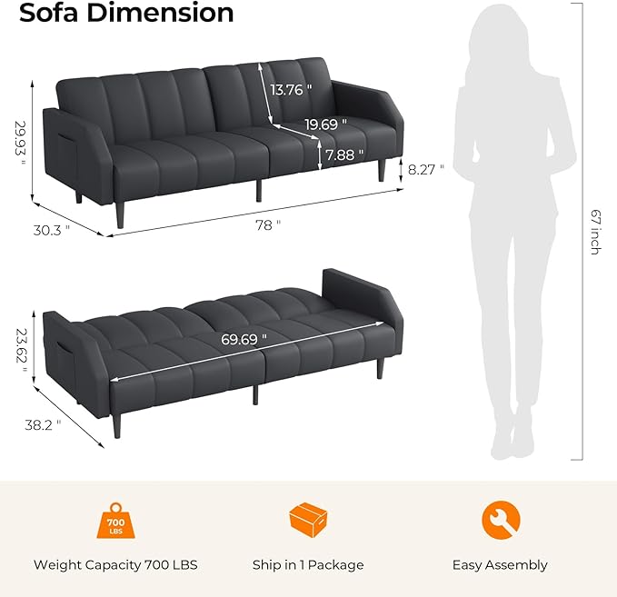 Fadware Faux Leather Couch, Convertible Futon Sofa Bed with Adjustable Backrest, Mid Century Leather Sofa Loveseat with Side Pockets& Metal Leg, Modern Leather Sleeper Sofa for Living Room Bedroom