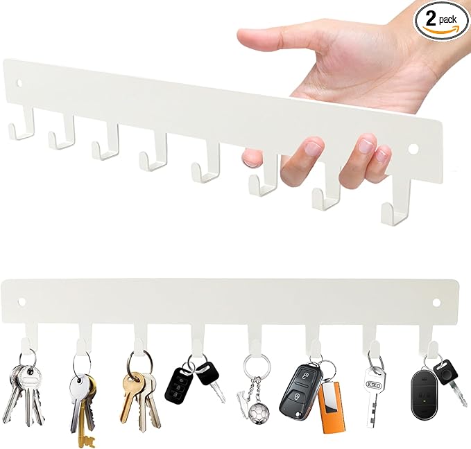 2 Pack Key Holder for Wall, Key Hooks with 8 Hooks Mount Keys on Wall, No Drilling Required, Holders Use for Living Room Kitchen Corridor Decor(White)
