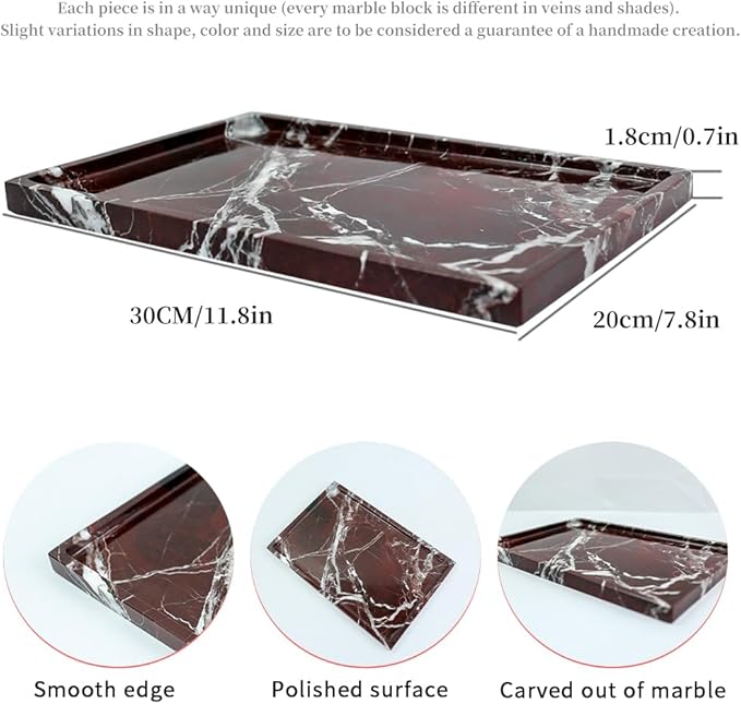 Real Luxurious Natural Marble Vanity Tray Genuine Marble Storage Tray for Home Decor Stone Tray for Bathroom/Kitchen/Vanity/Dresser,Plate Holder for Tissues, Candles, Towel