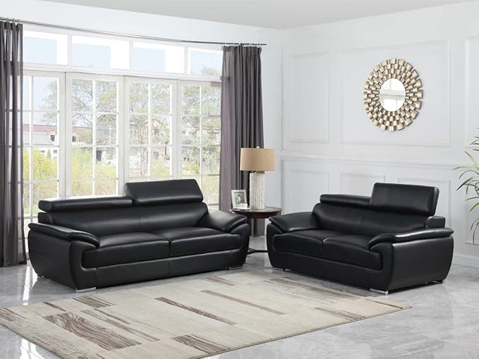 Blackjack Furniture 4571 Veal Collection Modern Genuine Leather Loveseat with Adjustable Headrest, Sturdy Wood Frame and Stainless Steel Legs, Stylish Living Room Love Seat, Black