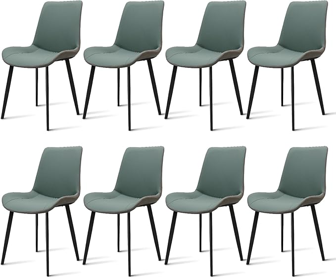 Dining Chairs, Modern PU Leather Dining Room Chair with Sturdy Metal Legs, Upholstered Seat Dinner Chairs Accent Side Chairs for Indoor Kitchen Living Room (Green & Dark Grey, Set of 8)