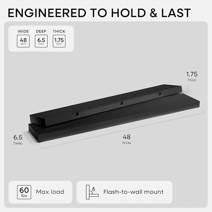 Homeforia Black Floating Shelf 48 inches, High End Solid Real Wood 48 inch Long Floating Shelves for Wall, Black Wooden 48inch Large Floating Shelves, Heavy Duty Bracket, 48 X 6.5 X 1.75 in, Set of 2