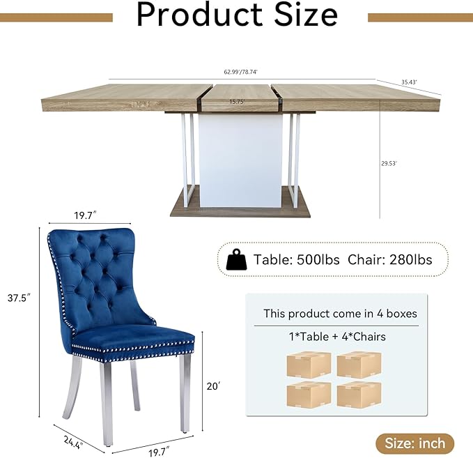 Goujxcy 78.7" Farmhouse Extendable Dining Room Table Set for 4, 5-Piece Rectangle Kitchen Dining Room Table Set with Wood Base and 4 Blue Velvet Dining Chairs, Transformer Kitchen & Dining Table Set