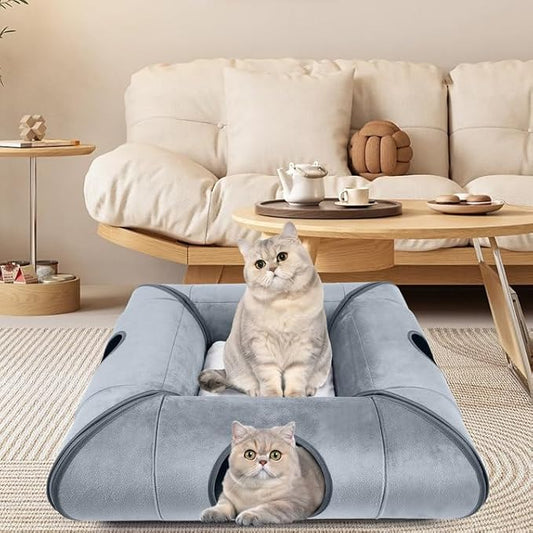 Indoor Cat Cave Bed, Sturdy and Scratch Resistant Removable Cat Tunnel Bed with Removable Soft Pad,Suitable for Small Cats (Gray)