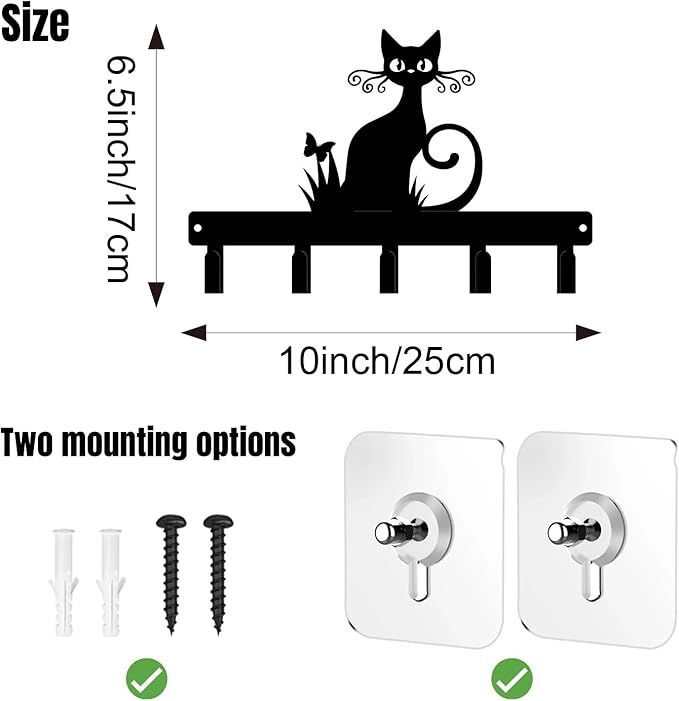 magilab Cat-Themed 10-Inch Iron Key Hooks with 5 Hooks, Black Wall Organizer - Cute Cat Design for Home Decor, No Drill & Screw-in Options (Style E)