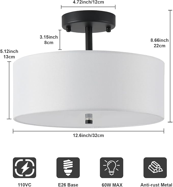 12.6" Semi Flush Mount Ceiling Light Fixture, 3-Light Black Drum Flush Mount Light Fixtures with White Fabric Shade, Modern Close to Ceiling Lights for Living Room Bedroom Hallway Entryway Foyer
