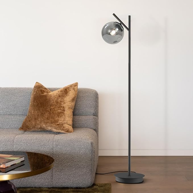 Mid Century Floor Lamp for Living Room Moderm Tall Standing Lamp with Frosted Glass Globe Shades Contemporary Brass Freestanding Lamp for Office Bedroom (Black-Smoky Gray)