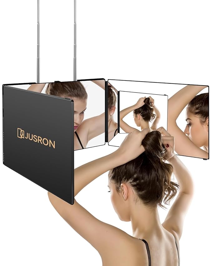 JUSRON 360 Viewing Angle Self Hair Cutting Mirror, Clear Anti-Fog HD Glass (Black Without LED Without Accessories)