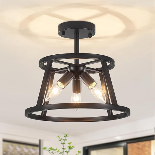 12.59" Black Semi Flush Mount Ceiling Light, 3-Light Modern Close to Ceiling Light Fixtures, Hallway Light Fixtures, Metal Ceiling Lamp for Entryway Bedroom Laundry Dining Room Lighting, UL Listed