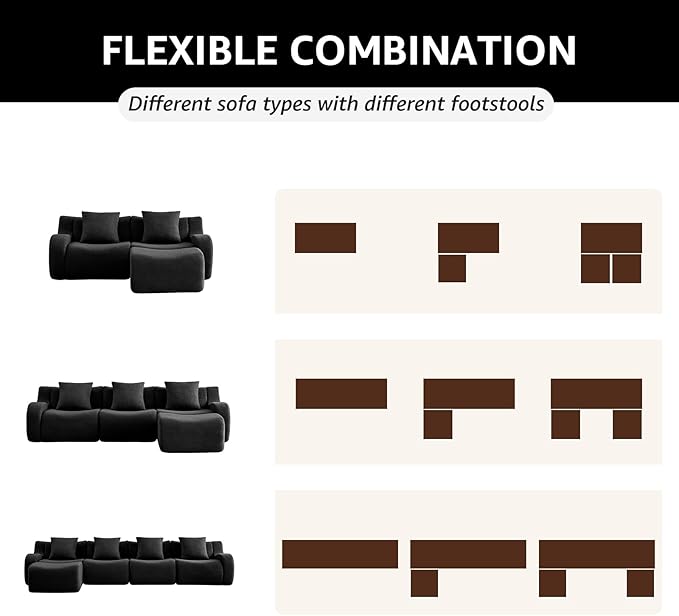 Black Modular Cloud Couch Loveseat with 2 Ottomans, Modern Teddy Fabric Boneless Sectional Sofa in a Box for Living Room, Deep Seat Floor Couch, No Assembly Required, Sofas para Sala