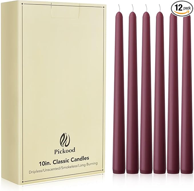 New Burning Formula Unscented Dripless 10-Inch Taper Candles Set of 12 - Burgundy, for Wedding, Dinner - Smokeless, Long Burning - Hand Poured, Colored Tall Candlesticks - Burdeos