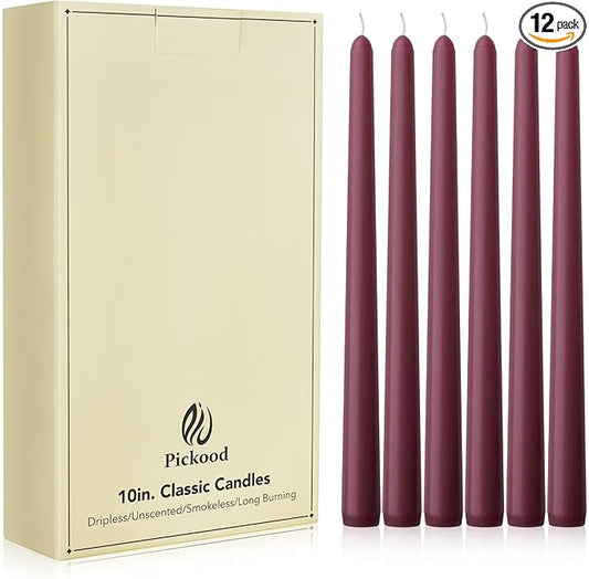 New Burning Formula Unscented Dripless 10-Inch Taper Candles Set of 12 - Burgundy, for Wedding, Dinner - Smokeless, Long Burning - Hand Poured, Colored Tall Candlesticks - Burdeos