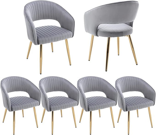 Modern Velvet Dining Chairs Set of 6, Upholstered Gold Dining Room Chairs with Hollow Back and Gold Legs, Accent Armrest Kitchen Chairs for Living Room Reception Grey