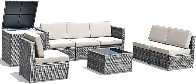 HAPPYGRILL 8-Pieces Patio Furniture Set Outdoor Rattan Conversation Set with Storage Box Sectional Wicker Sofa Set with Coffee Table and Cushions for Garden Backyard