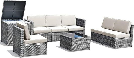 HAPPYGRILL 8-Pieces Patio Furniture Set Outdoor Rattan Conversation Set with Storage Box Sectional Wicker Sofa Set with Coffee Table and Cushions for Garden Backyard