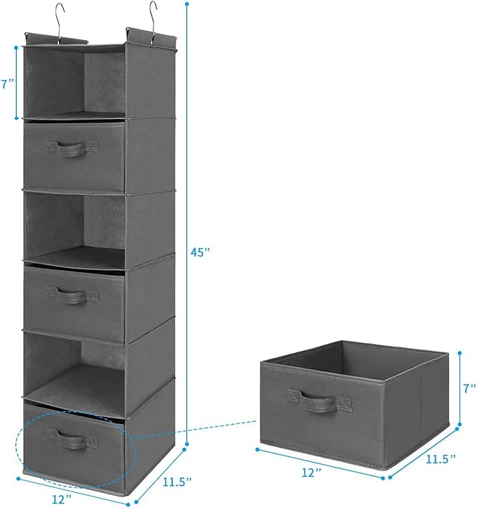 MAX Houser 6 Tier Shelf Hanging Closet Organizer, Closet Hanging Shelf with 2 Sturdy Hooks for Storage, Foldable (Grey-D3)
