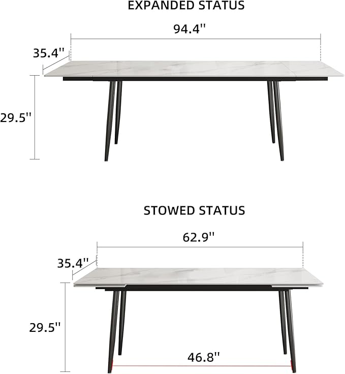Extendable Dining Table (62.9" to 94.4") for 6 to 10 - Modern Rectangular Sintered Stone Table with High Hardness and Easy Maintenance - Stylish White